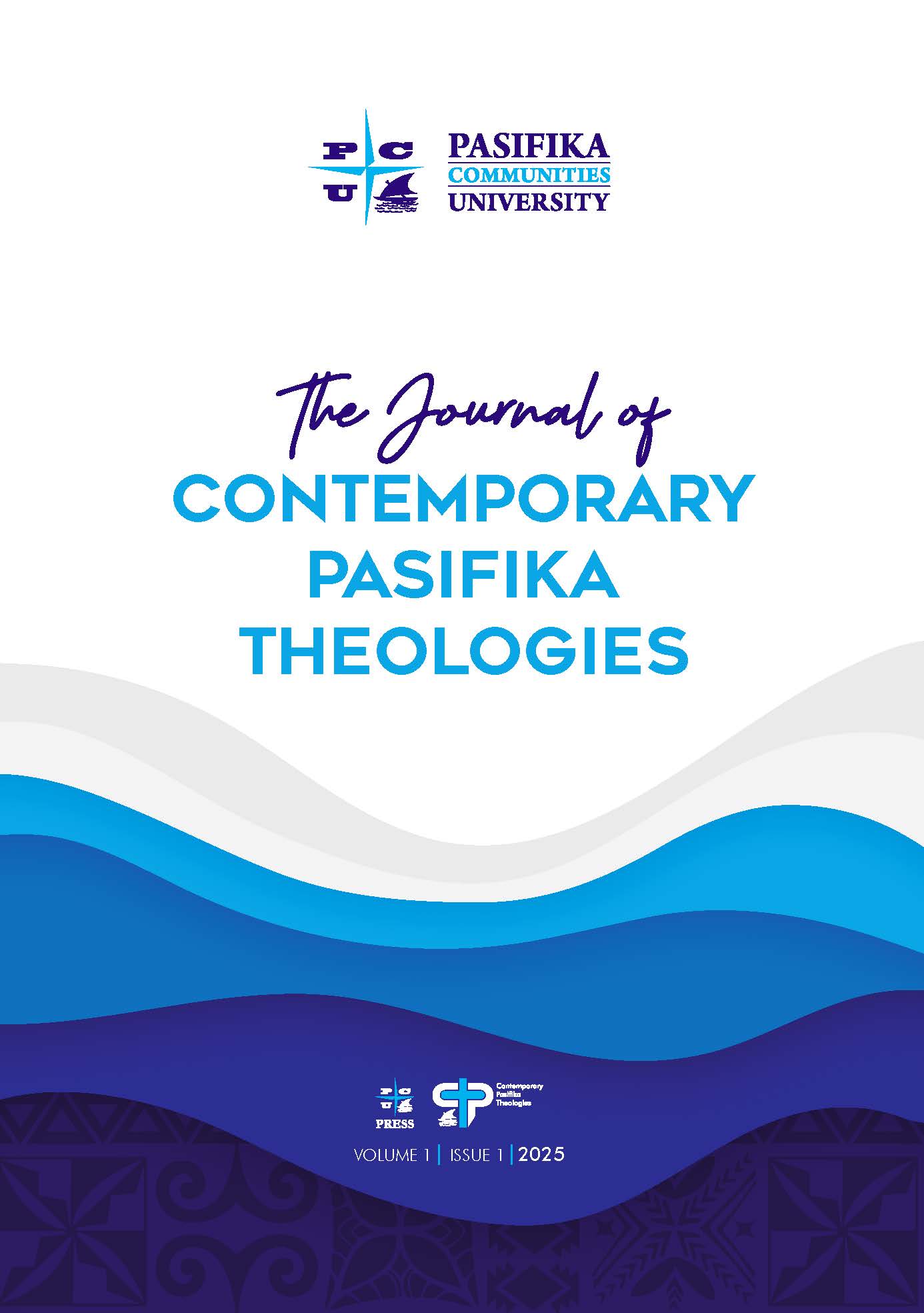 Cover of the Journal of Contemporary Pasifika Theologies in blue and white, wave design at the lower page part